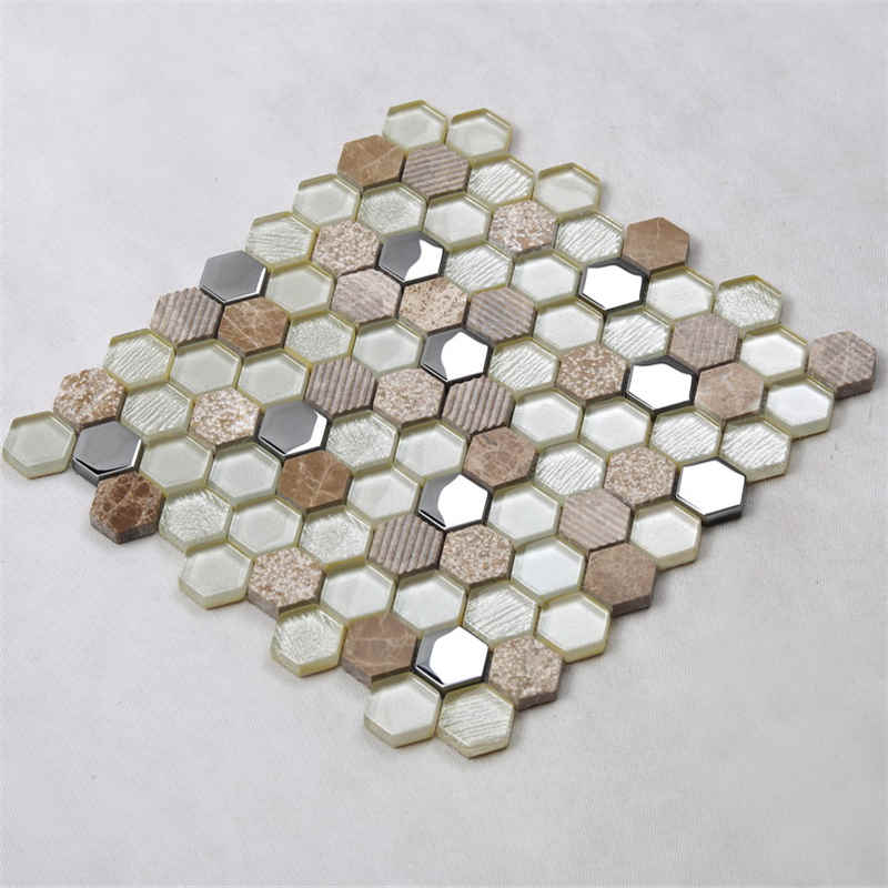 Třpytky Stříbrné pokovování Barevný šestiúhelník Keramická obkladová deska Kuchyně Backsplash Skleněná mozaika